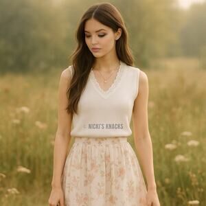 White Lace Trim Knit Tank Top Size M Sleeveless V Neck Cottagecore Blouse